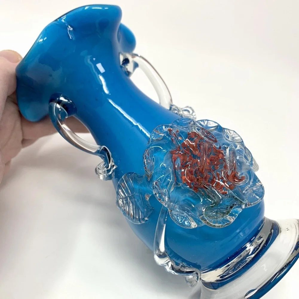 Antique Stevens & Williams Blown Glass Vase Applied Flower Cased Red Rim